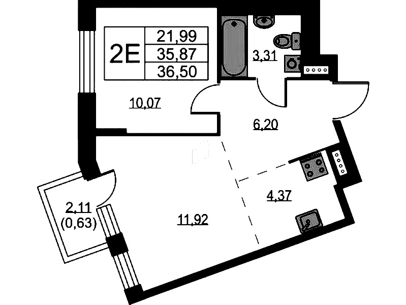 1-комнатная квартира 36.5 м², 3/9 эт., ЖК «Квартал Лаголово»